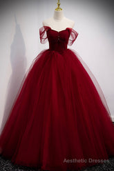 Burgundy Tulle Long A-Line Evening Dress, Off the Shoulder Formal Party Dress